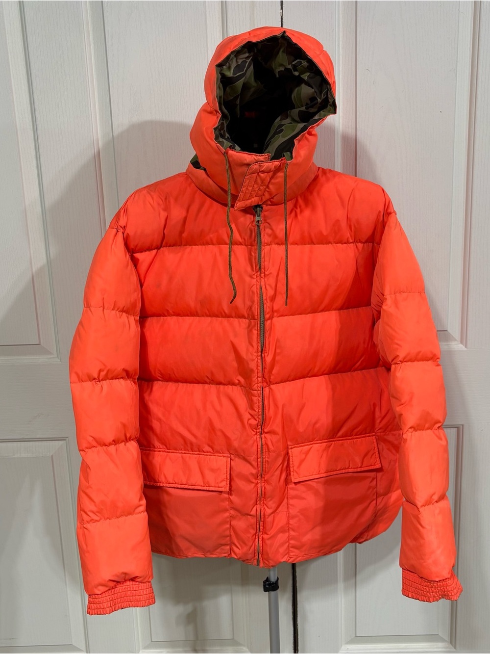 Vintage Cabela's Goose Down Puffer Jacket Reversible Duck Camo Blaze Orange XL